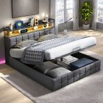 Lit double rembourr� 160�200cm lit coffre avec hydraulique rangement lit adulte avec sommier � lattes ...