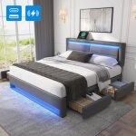 Lit double rembourr� 160 x 200 cm lit adulte avec port usb �clairage led et quatre tiroirs sommier � ...