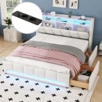 Lit double 160 x 200 cm lit rembourr avec clairage led tiroir prise et usb sommier  lattes lin - beige ...