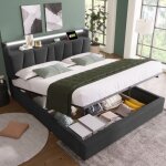 Lit double rembourr� 160x200 cm avec fonction de recharge usb t�te de lit escamotable et �clairage led ...