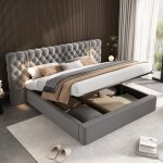 Lit double rembourr� 180 x 200 cm avec led et rangement lit coffre avec t�te de lit rembourr�e avec lampe ...