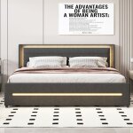 Lit double rembourré - 180 x 200 cm - lin - gris - sans matelas - avec 4 tiroirs et éclairage led Lit double rembourré - 180 x 200 cm - lin - gris - sans matelas - avec 4 tiroirs et éclairage led