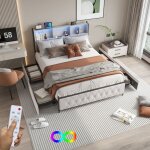 Lit double rembourr 180x200 cm avec tte de lit rangement?lumire led et chargement usb cadre de lit ...