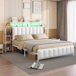 Lit capitonné en blanc 140x200cm tête de lit avec éclairage led et rangement ouvert cadre de lit en fer ... Lit capitonné en blanc 140x200cm tête de lit avec éclairage led et rangement ouvert cadre de lit en fer ...