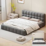 Lit double rembourr� - leww - 160 x 200 cm - sommier � lattes - un design unique - tissu en lin - gris ...