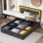 Lit double rembourr - vlyon - 140 x 200 cm - lampes led - coffre de rangement - sommier  lattes - ...