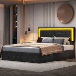 Lit double rembourré - vélyon - 140 x 200 cm - lampes led - coffre de rangement - sommier à lattes - ... Lit double rembourré - vélyon - 140 x 200 cm - lampes led - coffre de rangement - sommier à lattes - ...
