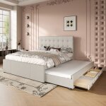 Lit double rembourr�e 140x200 cm en tissu beige avec 3 tiroirs et lit gigogne t�te de lit rembourr�e ...