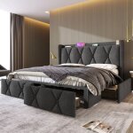 Lit double - gris - 140x200cm - 4 tiroirs - ports de recharge usb - sommier � lattes