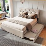Lit double capitonn� 140x200 velours beige avec sommier � lattes lit gigogne et coffre de rangement sur ...
