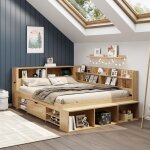Lit enfant 140�200 cm combin� naturel en bois massif avec rangement tiroirs �tag�res et recharge sans ...