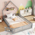Lit enfant 140 x 190 cm lit plat en forme de chemin�e avec sommier � lattes et barri�res pin + mdf gris ...