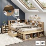 Lit enfant 140 x 200 cm - avec 1 tiroir - avec biblioth�que et rangement - sommier � lattes - naturel ...