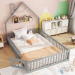 Lit enfant 140 x 200 cm cadre de lit chemine avec barrire de scurit sommier  lattes - gris
