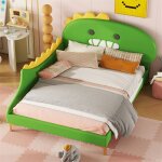 Lit enfant 140 x 200 cm forme dinosaure vert en pu sommier � lattes capacit� 220 kg