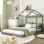 Lit enfant 140 x 200 cm forme maison sommier  lattes sans matelas pin gris