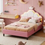 Lit enfant - pergar - lit crown - 140 x 200 cm - velours rose - led r�glable
