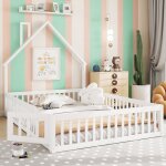 Lit au sol enfant 140x190 en forme de chemin�ebois pin blanc avec barri�res de s�curit�lit enfant avec ...