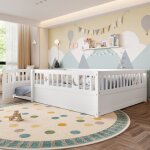 Lit enfant 140x190 cm lit double en bois massif style minimaliste avec barri�re de s�curit� porte et ...