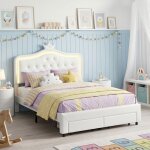 Lit enfant 140x200cm lit fille 2 places lit capitonn� cadre de lit avec �clairage led et 2 tiroirs - ...