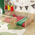 Lit enfant 140x200cm lit au sol enfant avec clture et porte lit montessori fille garcon bois naturel ...