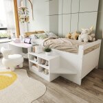 Lit enfant 90200 cm avec bureau prise lectrique compartiments de rangement et marches - blanc