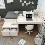 Lit enfant 90 x 200 1 place lit simple en bois massif avec bureau et tiroirs et sommier  lattespour ...