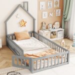 Lit enfant - 90 x 200 cm - forme de chemin�e - barri�res de s�curit� - bois massif gris