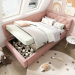 Canap� - lit enfant - langtu - 90x190 capitonn� - velours rose - rangement hydraulique - sommier � lattes ...