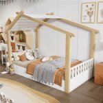 Lit enfant 90x190 cm ? lit cabane bois maison blanc et bois naturel avec sommier � lattes stable design ...