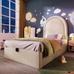 Lit enfant 90x190 cm en pu beige t�te demi - cercle imprim�e coffre � v�rins structure acier - bois