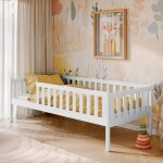 Lit enfant 90x190 cm - avec sommier et barrire de lit - lit simple - structure en bois de pin - blanc ...