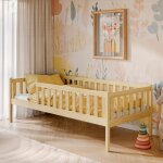 Lit enfant 90x190 cm - avec sommier et barrire de lit - lit simple - structure en bois de pin - naturel ...