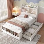 Lit enfant 90x190 cm - marque - bois blanc et chne - 2 tiroirs - sommier inclus - banc de rangement