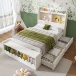 Lit enfant 90x190 cm avec tiroirs �tag�res et banquette design ondul� blanc et ch�ne clair bois massif ...