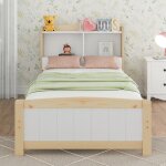 Lit enfant 90x200 cadre � lattes avec t�te de lit rangement blanc / naturel - lit b�b� �volutif chambre ...