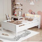 Lit enfant - 90x200 cm - bois massif - t�te de lit rangement & led - ports usb et type?c