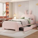 Lit enfant 90x200 cm lit fille lit rembourr en peluche avec tte de lit lapin 2 tiroirs de rangement ...