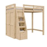 Lit enfant 90x200 cm lit mezzanine 1 place 1 personne avec chelle de rangement armoire cadre en bois ...