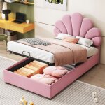 Lit enfant 90x200 cm t�te de lit florale sommier � lattes t�te de lit r�glable en hauteur rangement hydrauliqu ...
