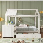 Lit enfant 90x200 cm avec tiroirs et tables de chevet amovibles en bois massif lit cabane blanc (sans ...