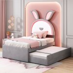 Lit enfant 90x200 cm en velours gris forme lapin lit gigogne 190x90 cm + 3 tiroirs led multicolore contr�lable ...