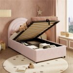 Lit enfant 90x200 rose fille avec sommier et rangement lit coffre t�te de lit tapiss�e et � lattes inclus ...