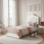 Lit enfant 90x200cm lit capitonn� avec led et strass - 1 tiroir de rangement - similicuir blanc