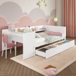 Lit enfant 90x200cm lit combin� avec 2 tiroirs avec bureau avec �tag�res pin panneau de particules blanc ...