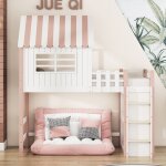 Lit enfant - 90x200cm - dappoint forme de toit avec �chelle de s�curit� avec casier de rangement - rose ...