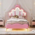Lit enfant - eifson - lit princesse 90x200 cm - t�te de lit couronne - �clairage led - rose