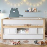 Lit enfant 90x200 cm blanc et bois clair avec lit gigogne et rangements - sans matelas