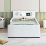 Lit enfant 90x200cm simili cuir blanc - veilleuse ports usb rangements c�t�s sur�lev�s s�curis�s - gar�on ...