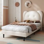 Lit enfant 90x200cm avec tête de lit animale jolie sommier lattes robuste et cadre fer tissu beige - ... Lit enfant 90x200cm avec tête de lit animale jolie sommier lattes robuste et cadre fer tissu beige - ...